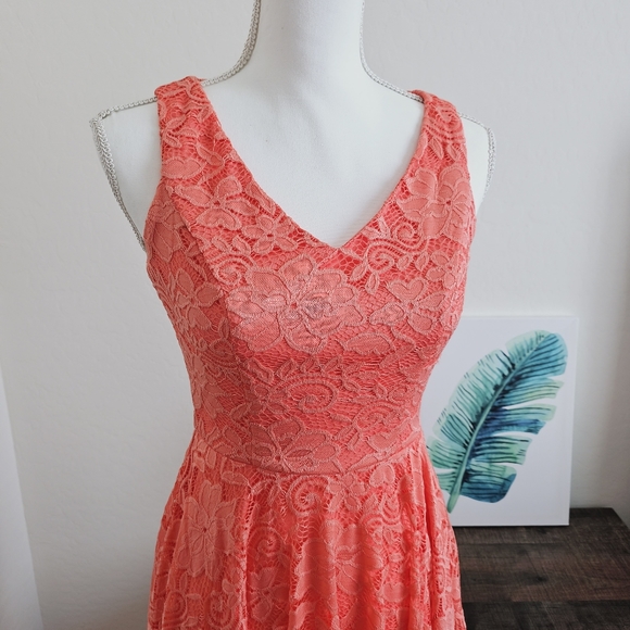 NWOT Meetjen Women's Vintage Floral Lace Asymmetrical Hem Coral Cocktail Dress - Picture 3 of 12